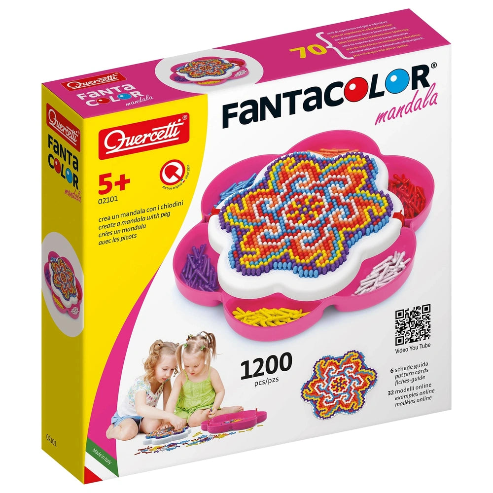 Quercetti FantaColor Mandala arts & crafts kit featuring a coloring book, colored pencils, and a colorful mandala design.
