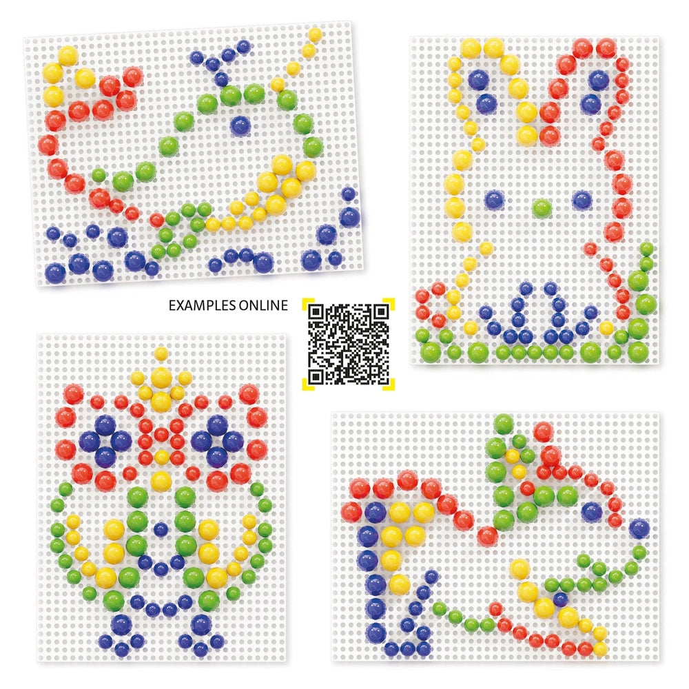 Quercetti FantaColor Tab Basic features colorful plastic balls on a white grid background with a QR code in the corner.