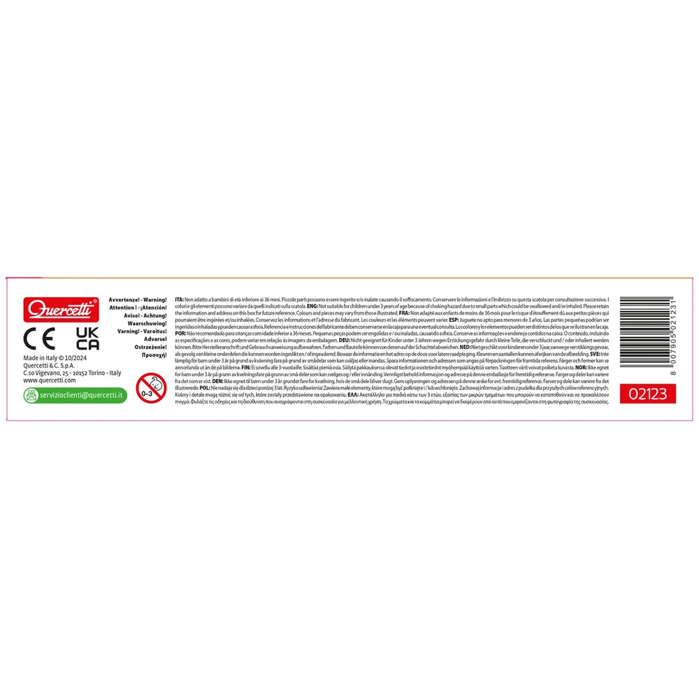 Quercetti FantaColor Tab Basic packaging features glossy paper, black text on a white background, and a red bar with "02123".