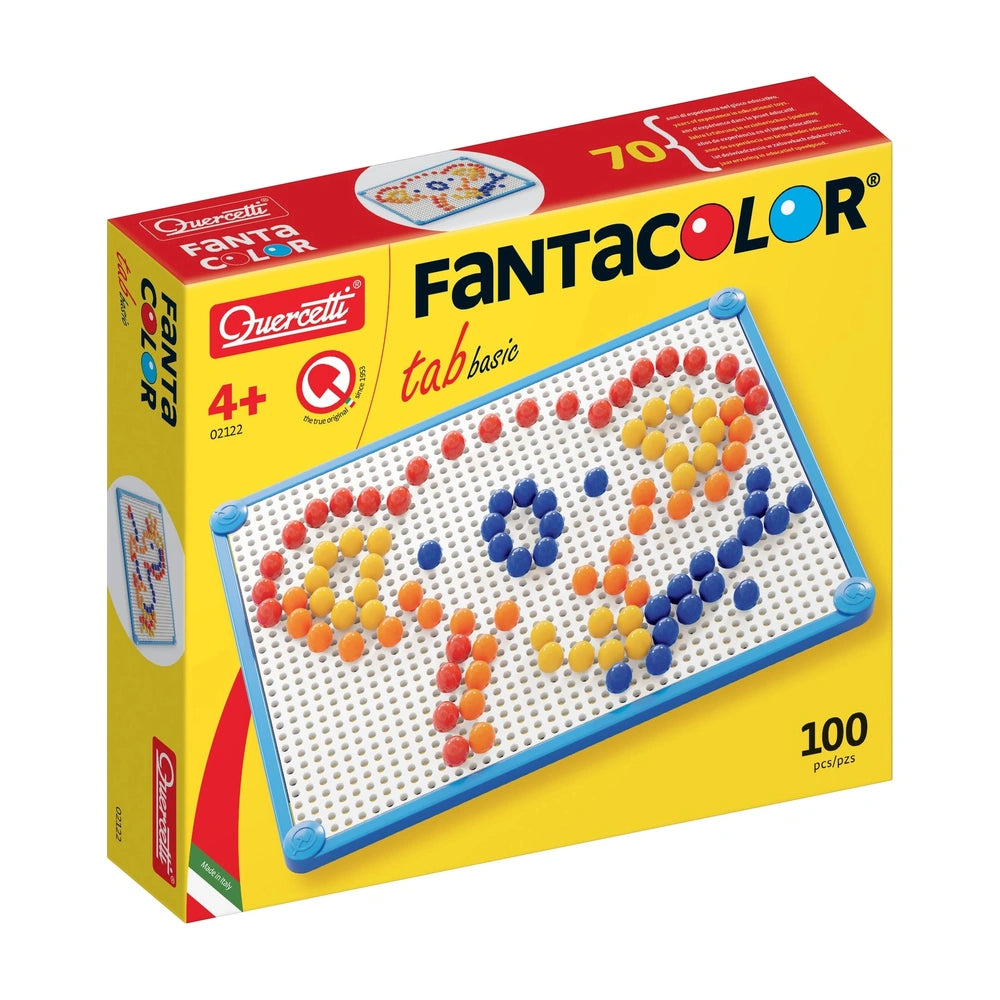 Quercetti FantaColor Tab Basic arts and crafts packaging features a glossy window, white cardboard with red and yellow accent