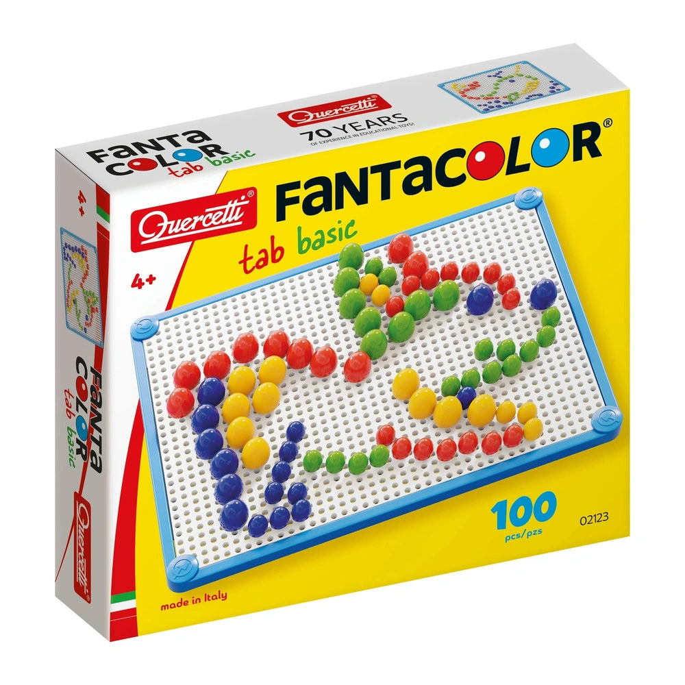 Quercetti FantaColor Tab Basic arts and crafts kit in vibrant colors with clear plastic components and instructions on cardbo