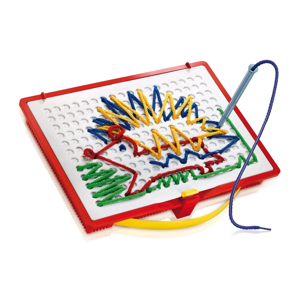 Quercetti Filo Filo arts and crafts tool with a red border, colorful design, and smooth plastic surface.