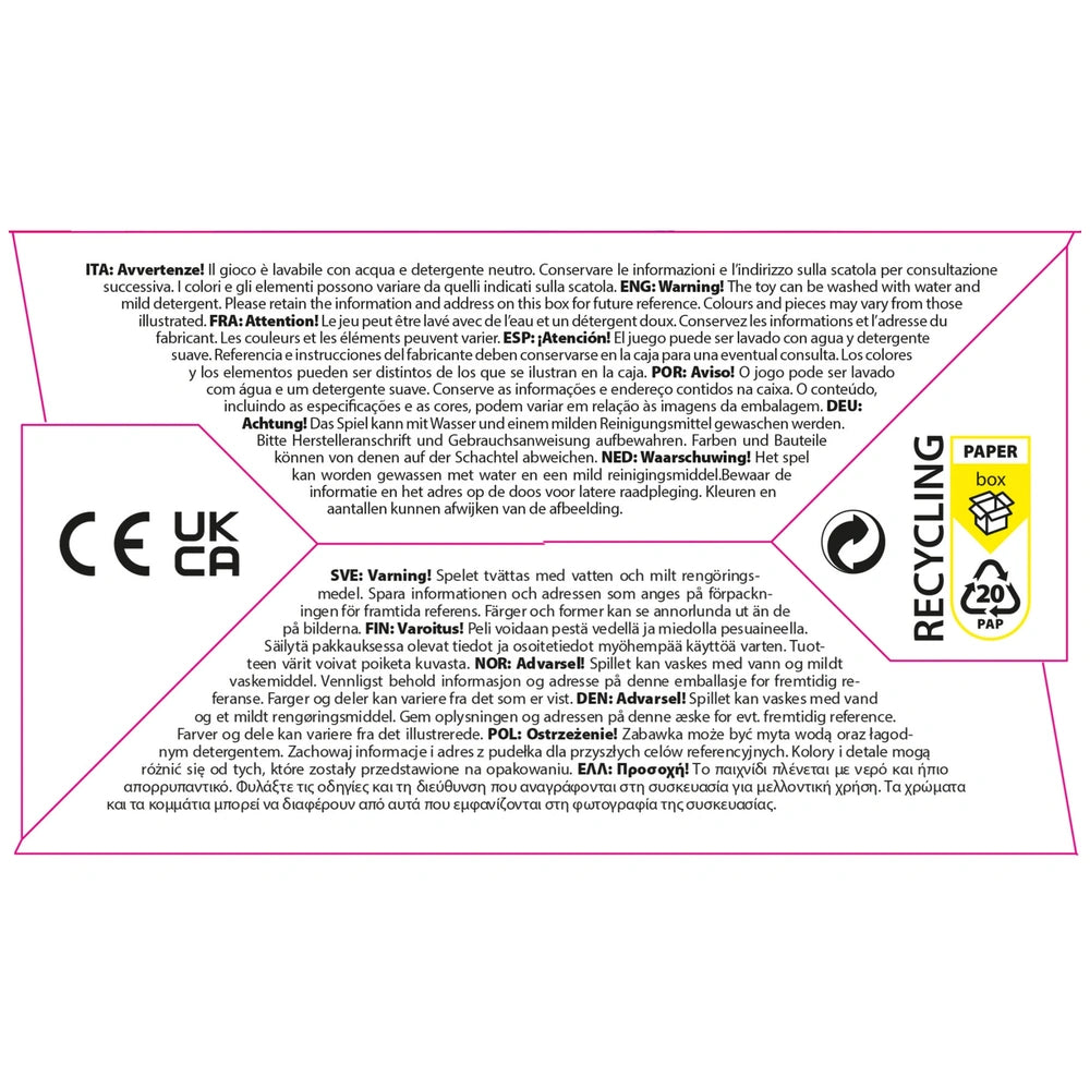 Quercetti Leprotti baby activity toys packaging features glossy material with colorful logos, warning texts, and recycling sy