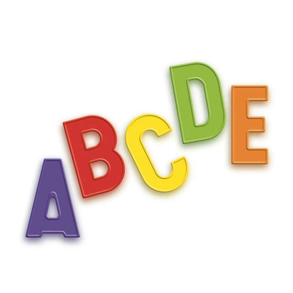 Quercetti Magnetic Letters Refill features shiny, bold, three-dimensional letters A, B, C, D, and E in vibrant colors on a wh