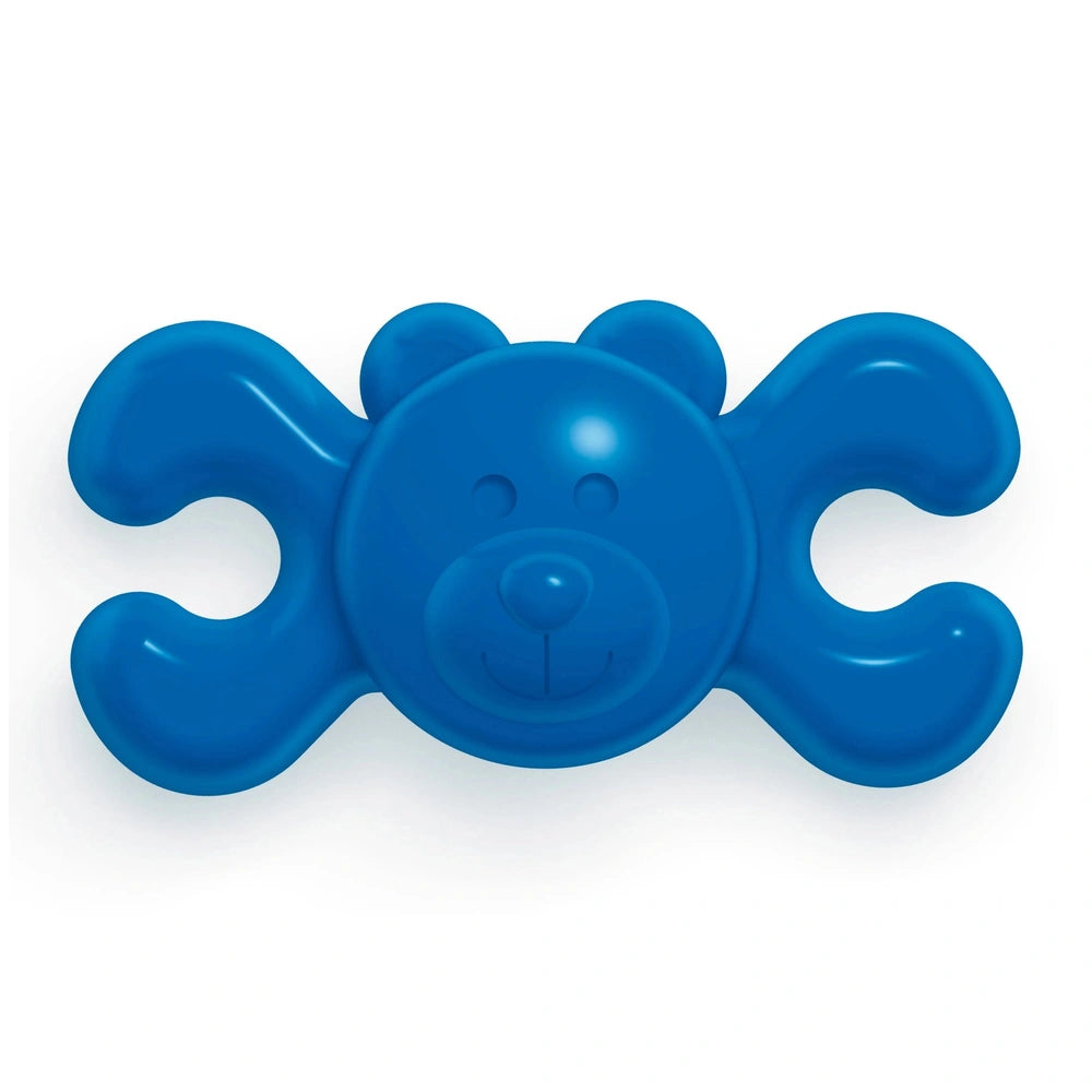 Quercetti Orsetti baby activity toy, bear-shaped, made of blue plastic, centered in the image.