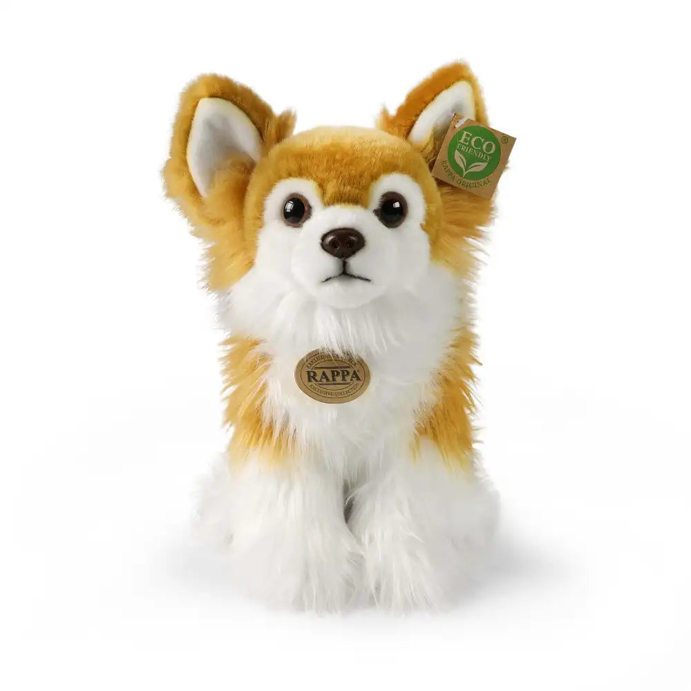 Eco-friendly plush Chihuahua toy in orange and white, featuring a soft texture and a tag on its ear, centered against a white