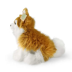 Eco-friendly plush Chihuahua toy in orange and white, sitting upright with a fluffy texture and a curled tail.