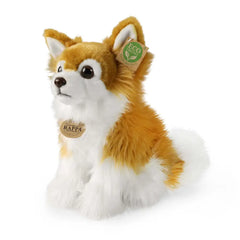 Eco-friendly plush Chihuahua toy in orange and white, sitting upright with a tag on its ear.