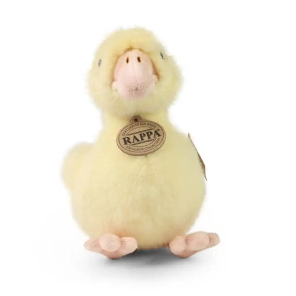 Plush eco-friendly yellow duck with a fluffy texture, dark beak and feet, and a tag reading "RAPPA" against a light backgroun