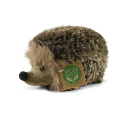 Eco-friendly plush hedgehog toy in brown and beige, featuring a prominent snout, large eyes, and a green leaf label.