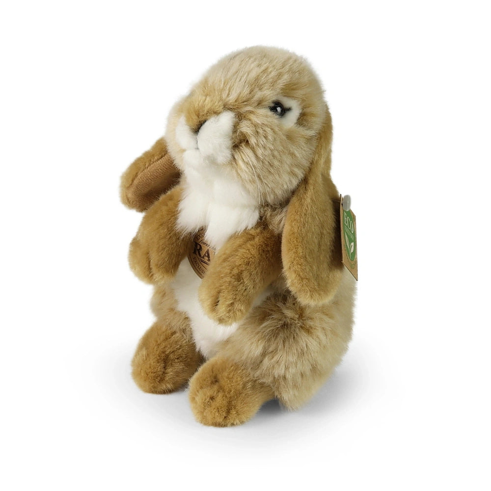 Plush beige hare with fluffy texture, large round eyes, and floppy ears, standing upright against a white background.