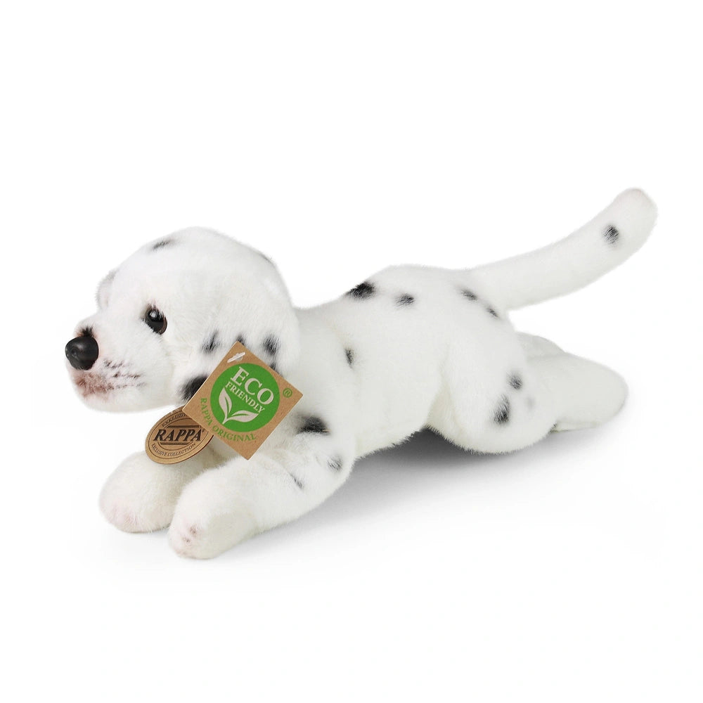 Plush Dalmatian stuffed animal with black spots, featuring a brown tag marked "ECO FRIENDS" and a green leaf icon.