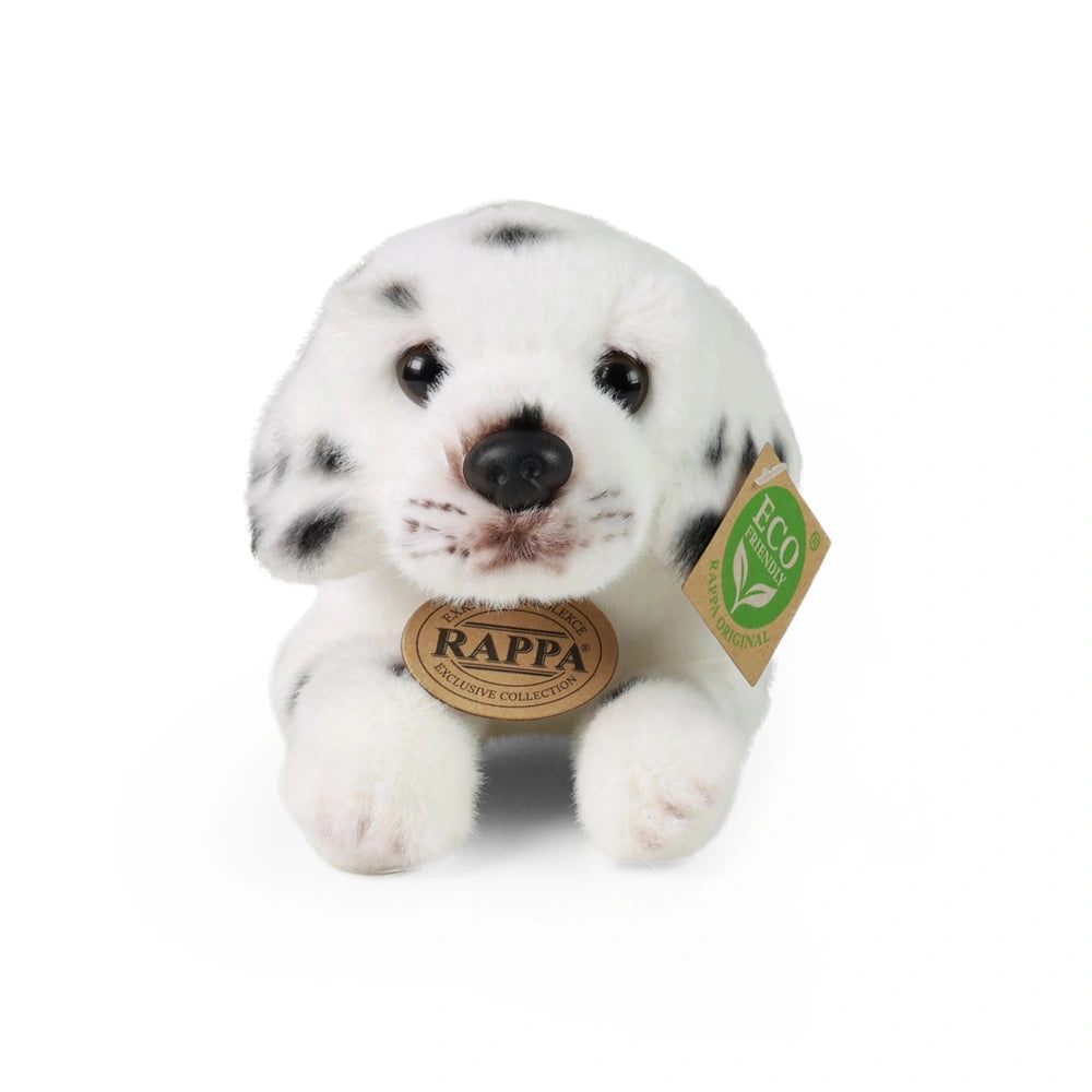 Plush Dalmatian stuffed animal, 20 cm, made of soft white fabric with black spots, featuring a green and white tag.