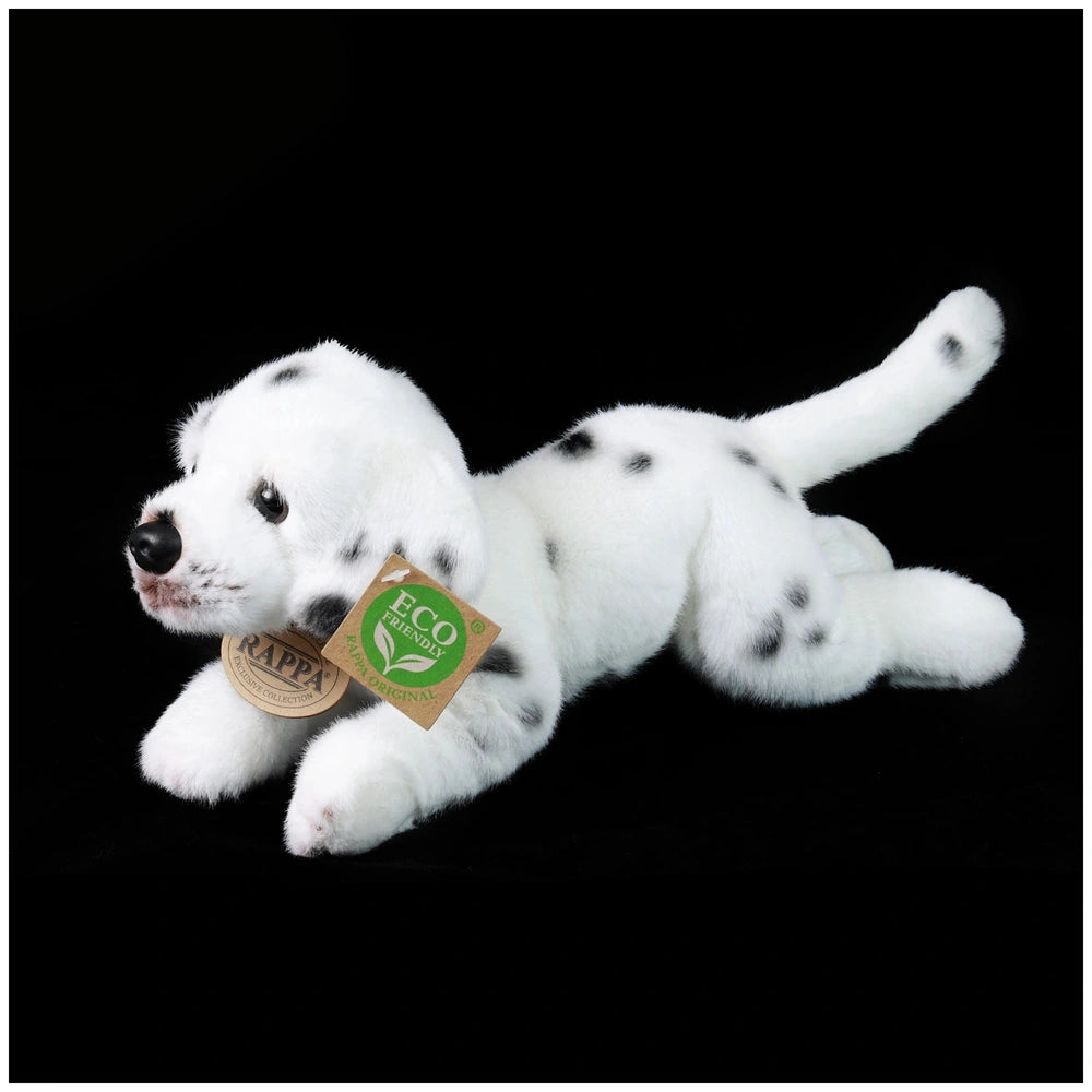 Plush Dalmatian stuffed animal, 20 cm, eco-friendly, featuring white fur with black spots and a green and white logo tag.