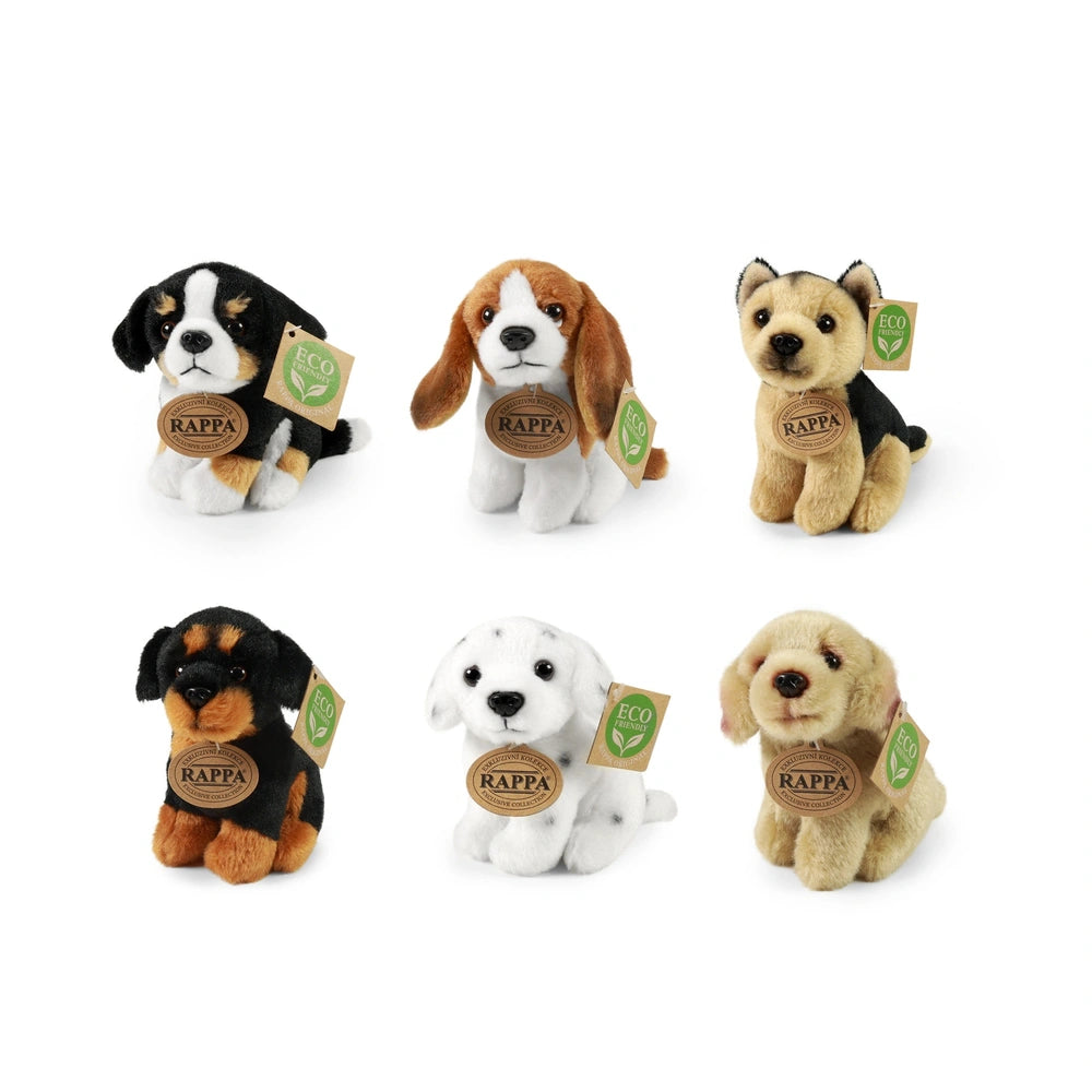 Collection of six eco-friendly plush stuffed dogs in various colors, each with a tag featuring "RAPPA" and a green leaf symbo