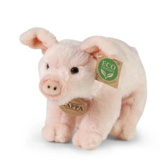 Plush domestic pig stuffed animal in pink, made of soft material, featuring a brown tag with "ECO FRIENDLY" and "APPA" brandi