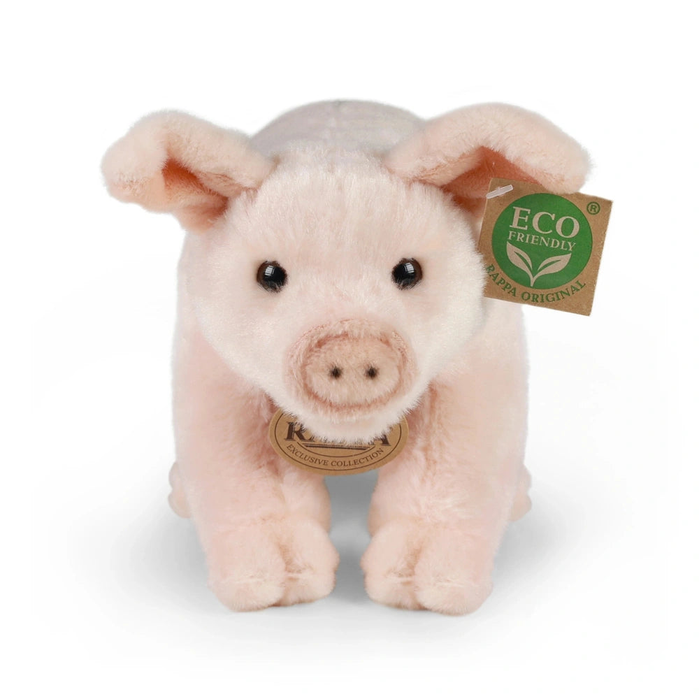 Plush domestic pig toy, 20 cm, in pink with an eco-friendly tag featuring "ECO FRIENDLY" and "RAPPA ORIGINAL" text.