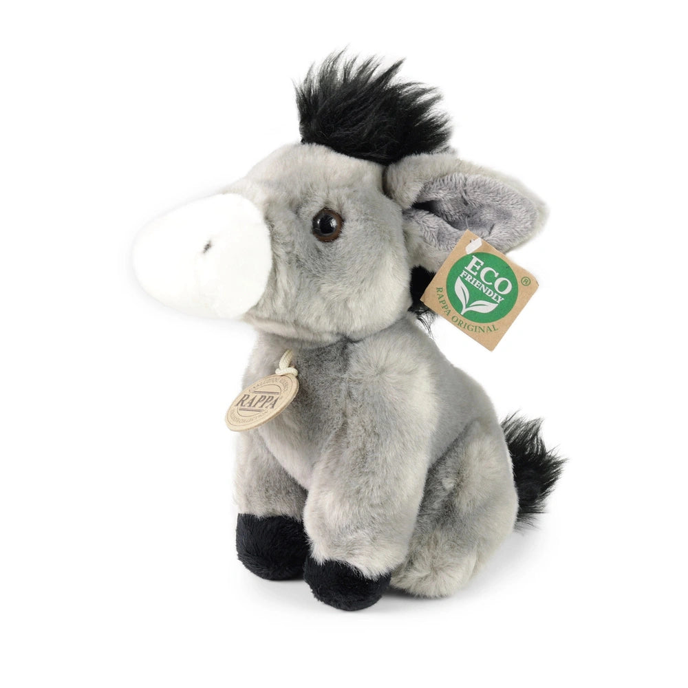 Rappa plush donkey, 18 cm, made of gray and white textured fabric with an "ECO FRIENDS ORIGINAL" tag featuring a green leaf i