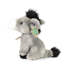 Rappa plush donkey, 18 cm, eco-friendly, gray with a bow, tag featuring a green leaf symbol, and detailed facial features.