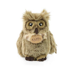 Plush eagle-owl stuffed animal, light brown with dark brown eyes, fuzzy material, and brown tag with gold border reading "RAP