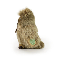 Plush eagle-owl stuffed animal in brown fur with a green and white cardboard tag reading "co" and "original."