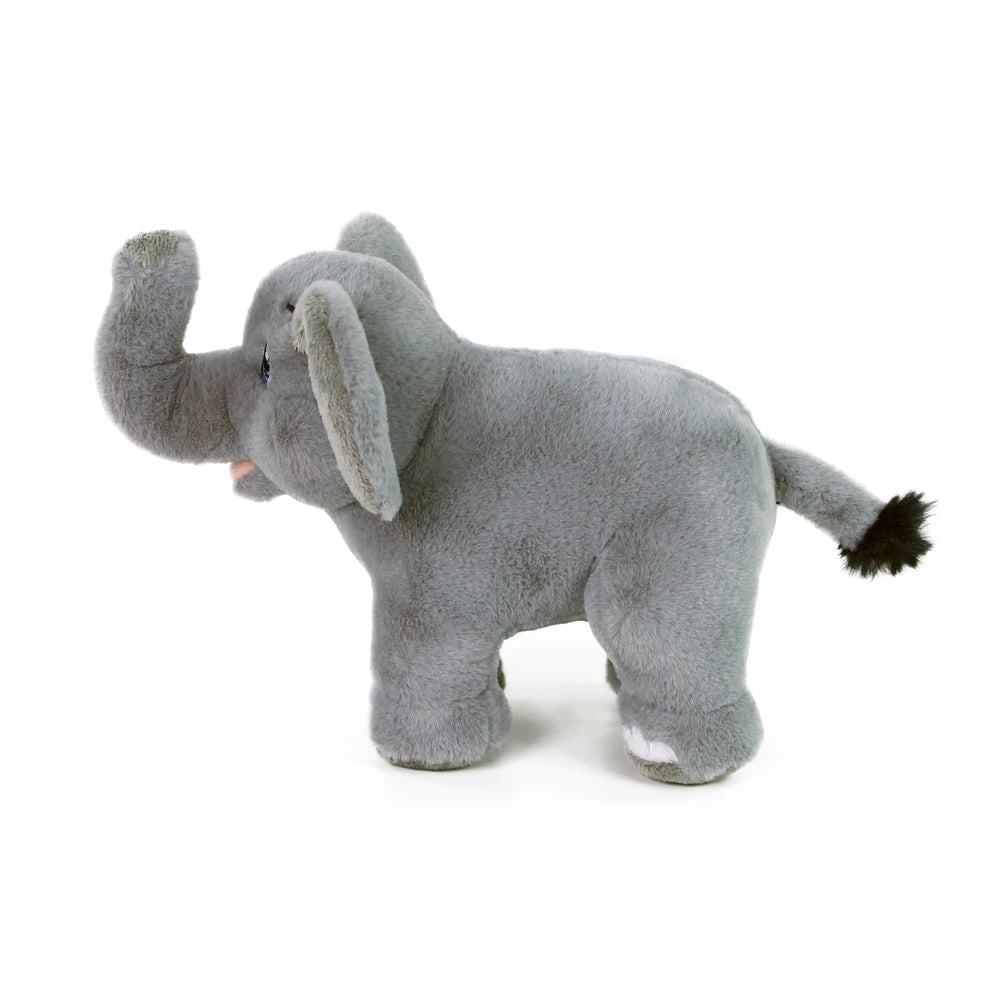 Gray plush elephant stuffed animal with visible eyes, tusks, feet, and a tail with a black tuft, centered in front view.