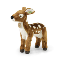 Plush fawn stuffed animal with brown body, white markings, and shiny nose, standing upright against a white background.