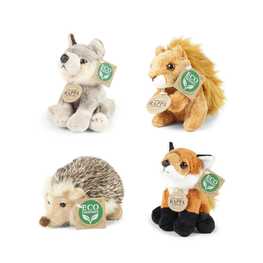 Rappa plush forest animals assortment featuring gray, brown, white, and orange stuffed toys with eco-friendly tags.