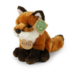 Plush fox 18 cm by Rappa, featuring a brown body, white chest, and eco-friendly tag with green leaf icon and text.