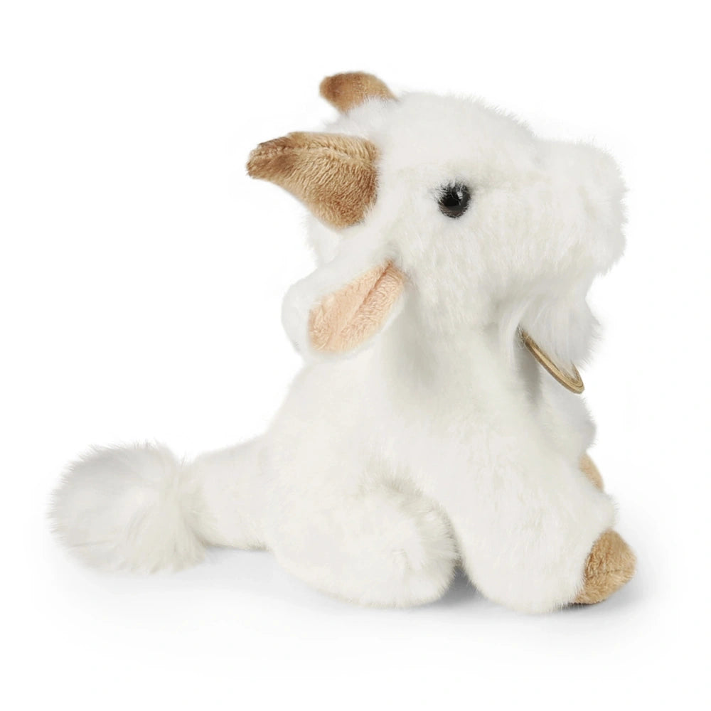 Plush goat stuffed animal, 16 cm, eco-friendly, with white body, gold bell, and cute facial features.