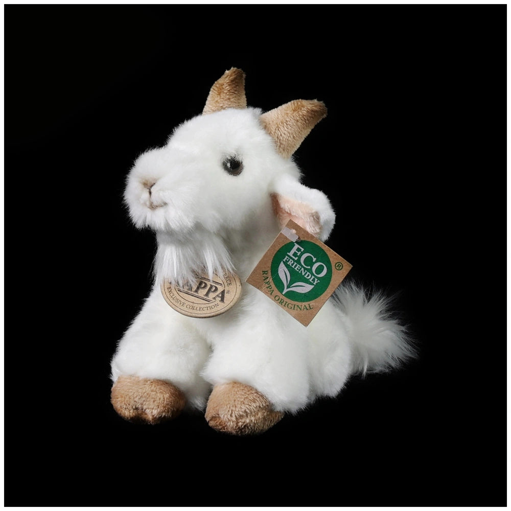 Rappa plush goat, 16 cm, white with a beard and tail, featuring a green and white tag with an eco-friendly logo.