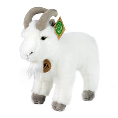 Plush goat stuffed animal, 20 cm, white with grey muzzle and hooves, featuring a green and brown tag on its ear.