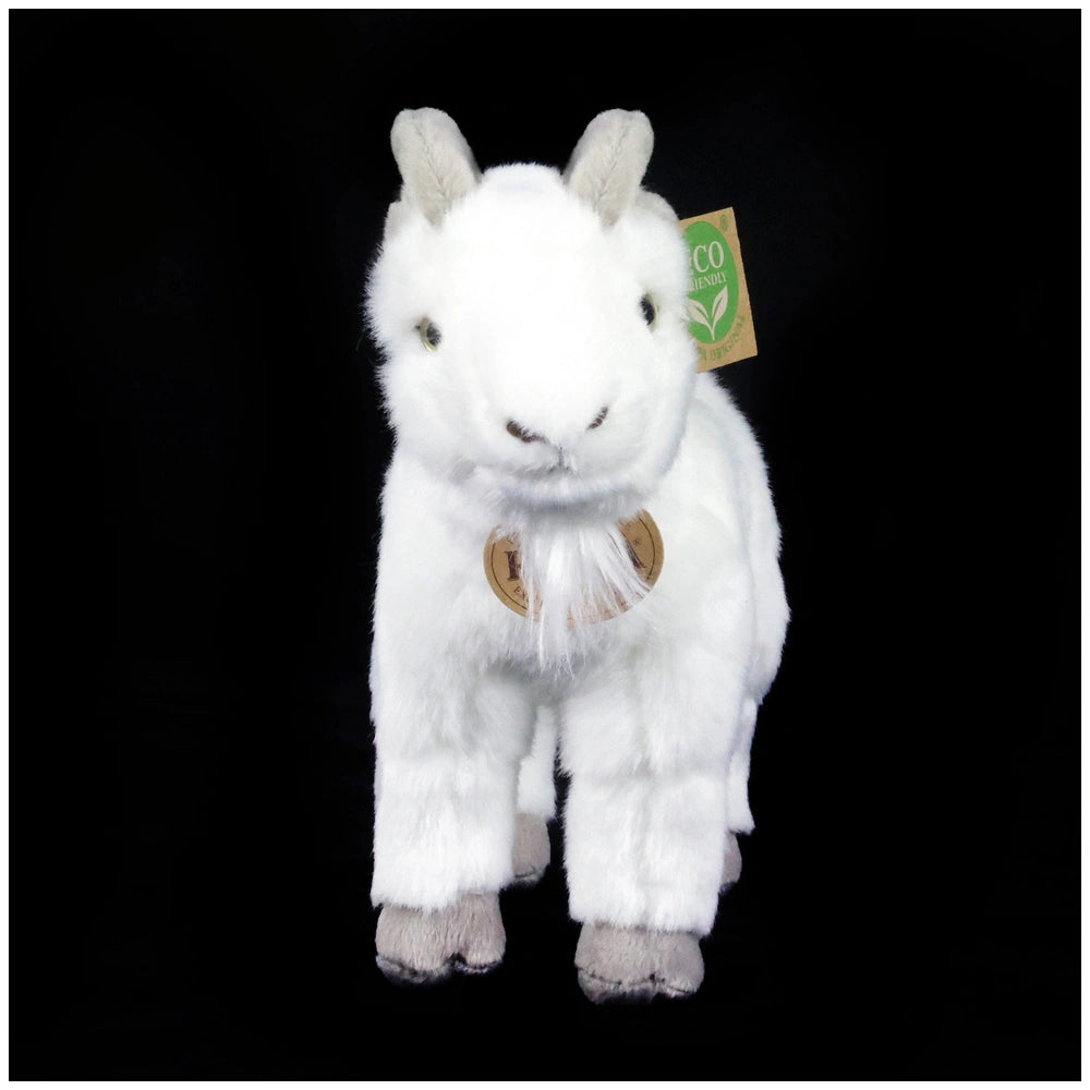 Plush goat toy, 20 cm, made of soft white fabric with a tag on its ear and a golden-brown tag around its neck.