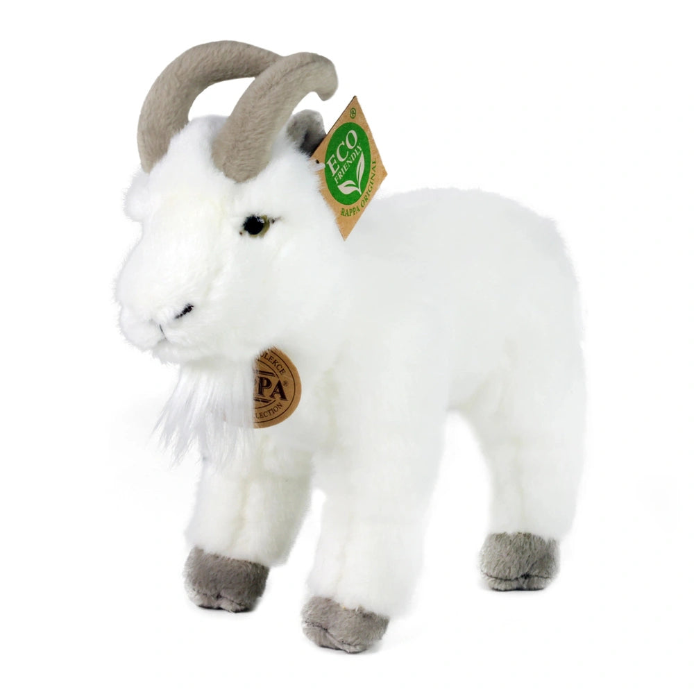 Rappa plush goat stuffed animal features a white body, black eyes, and an ECO tag with a green and white logo.