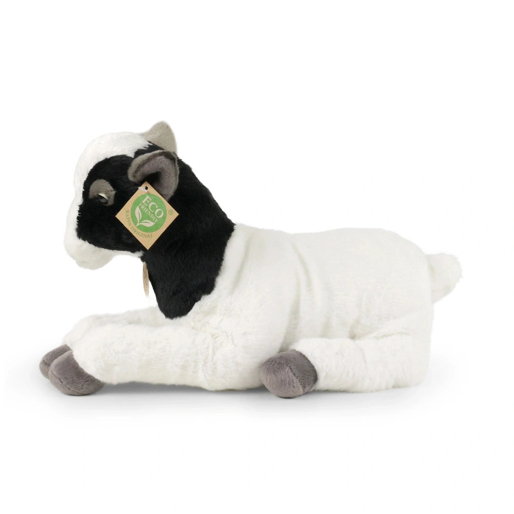 Plush goat 30 cm made from eco-friendly materials with a white body, black spots, gray eyes, and a brown tag.