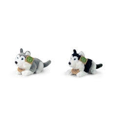 Plush husky stuffed animals, one gray and white, one white and black, displayed on a light background with eco-friendly tags.