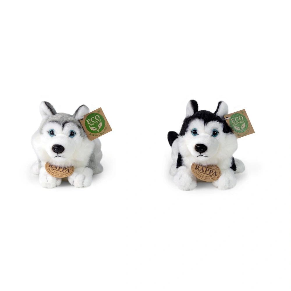 Rappa plush husky dogs in white-gray and black-white colors, featuring eco-friendly tags with green leaf icon.