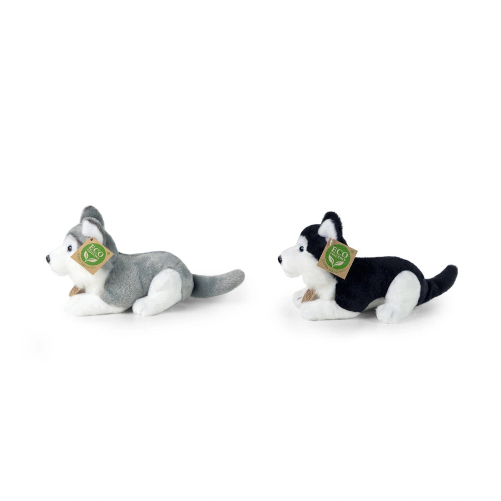 Rappa plush husky dogs, gray and black/white, eco-friendly with matte finish, displayed on a white background with tags.