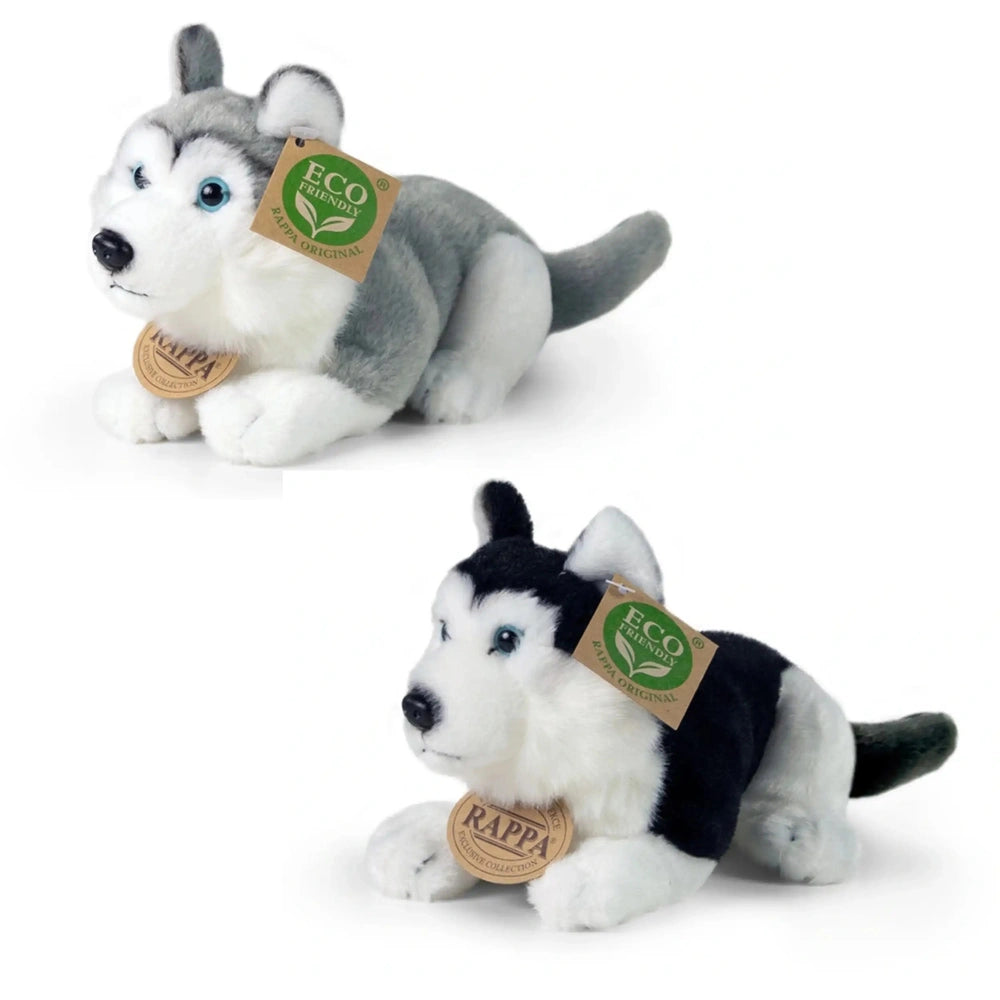 Plush husky stuffed animal with black and white fur, blue eyes, and an eco-friendly tag featuring a green leaf logo.