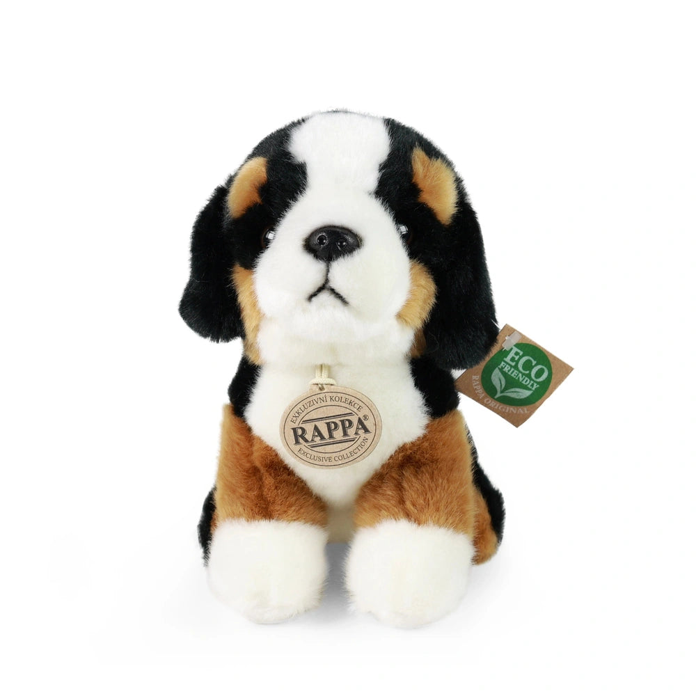 Rappa plush mountain dog stuffed animal, 18 cm, in white and brown, with a green and white tag featuring a circular label.