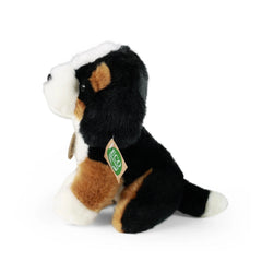 Rappa plush mountain dog stuffed animal, 18 cm, features a black body with white and brown markings and a green tag.