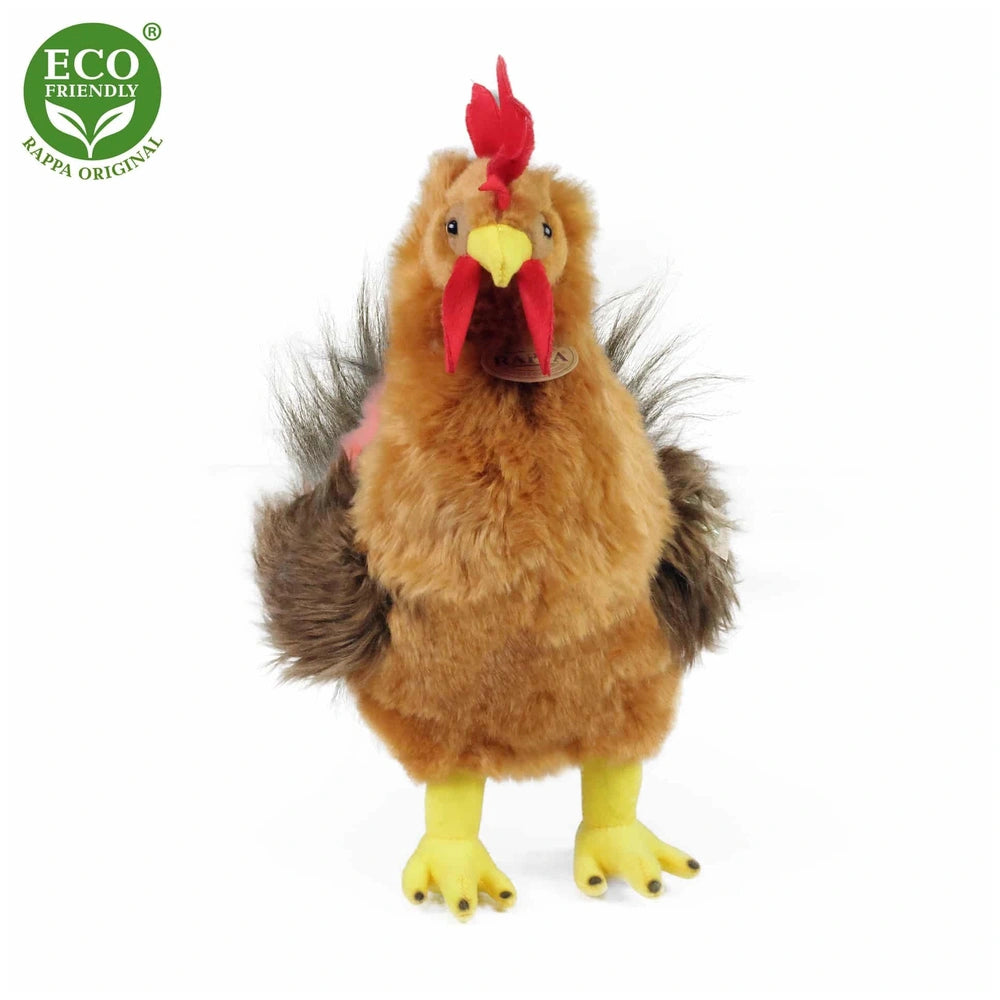 Plush rooster stuffed animal by Rappa, featuring a fuzzy brown body, yellow face, red accents, and eco-friendly logo.