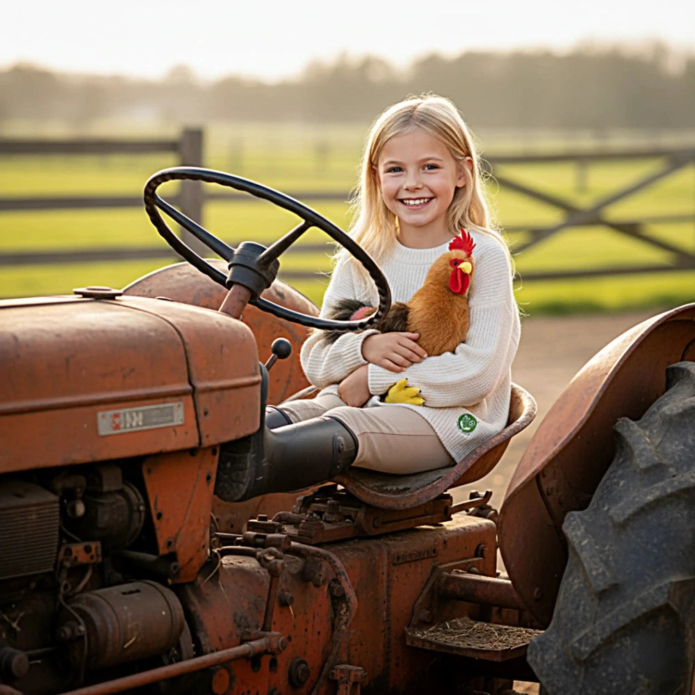 Plush rooster on a tractor surrounded by grass and a wooden fence, featuring vibrant yellow, brown, and green colors.