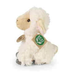 Plush sheep stuffed animal, 16 cm, made of soft, fluffy material with an eco-friendly tag featuring green background and whit