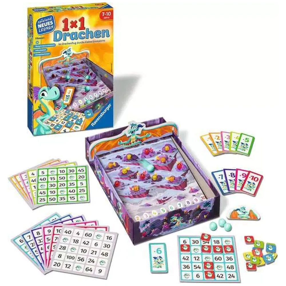 Ravensburger 1X1 Drachen board game features colorful game pieces, a vibrant game board, and a dinosaur graphic.