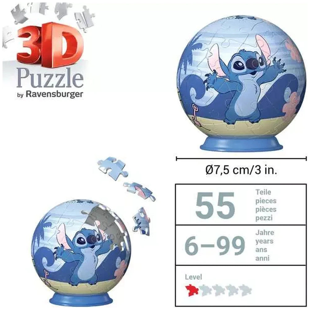 Ravensburger 3D puzzle globe features blue and white pieces scattered around, designed for ages 6-99 with a reflective surfac