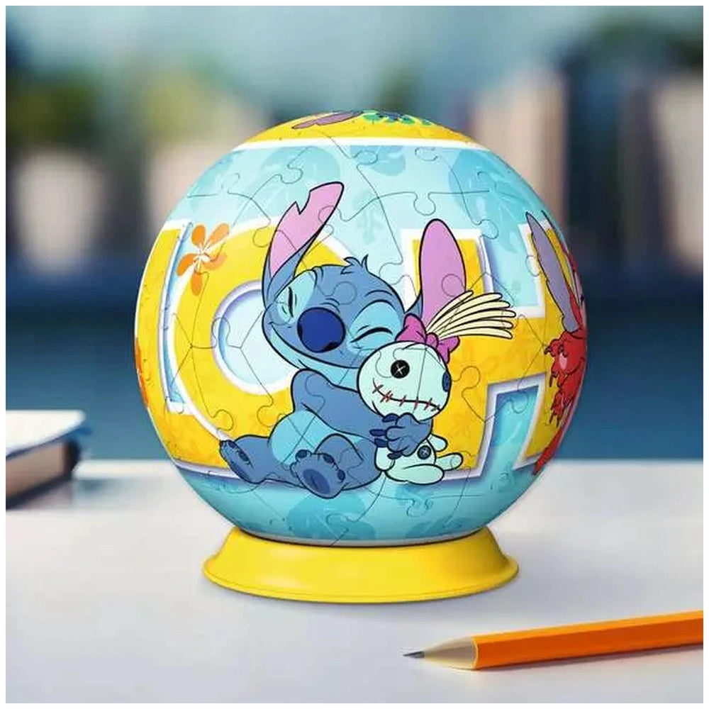 3D puzzle ball featuring a blue cartoon character with a rabbit, set on a flat surface with a yellow base.