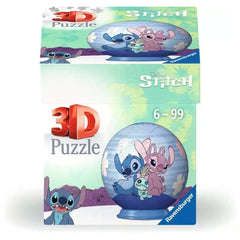 3D puzzle packaging featuring vibrant Disney Stitch characters, designed for ages 6-99, with a transparent box showcasing pie