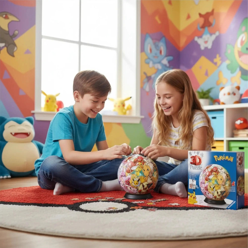 Ravensburger Pokémon 3D puzzle ball is being enjoyed by two smiling children sitting on a colorful rug in a vibrant room.