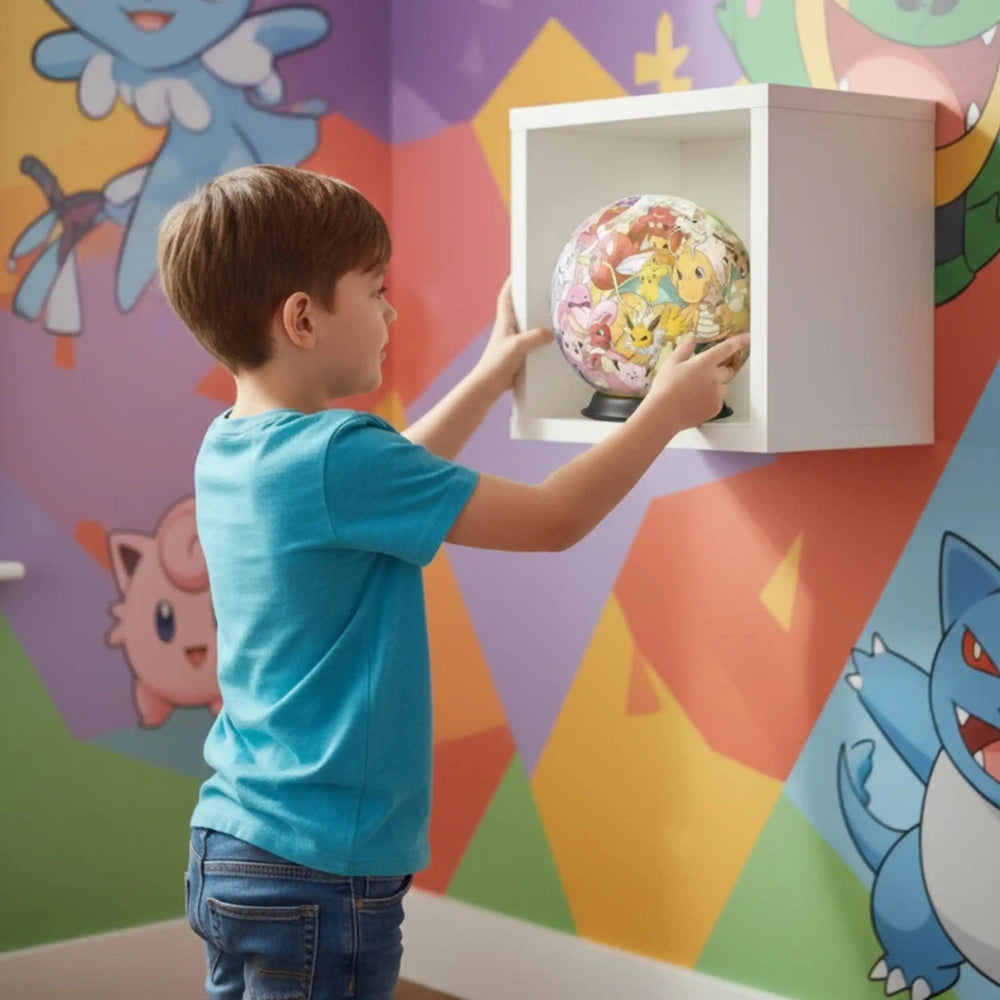 A young boy in a blue t-shirt touches a colorful globe on a white shelf against a vibrant wall of cartoon characters.
